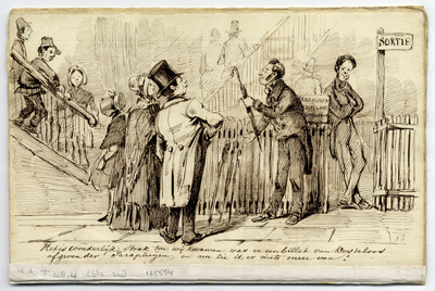 135554 Afbeelding van de heer Pirantoon die bij het verlaten van de tentoonstelling bezwaar maakt tegen het betalen ...